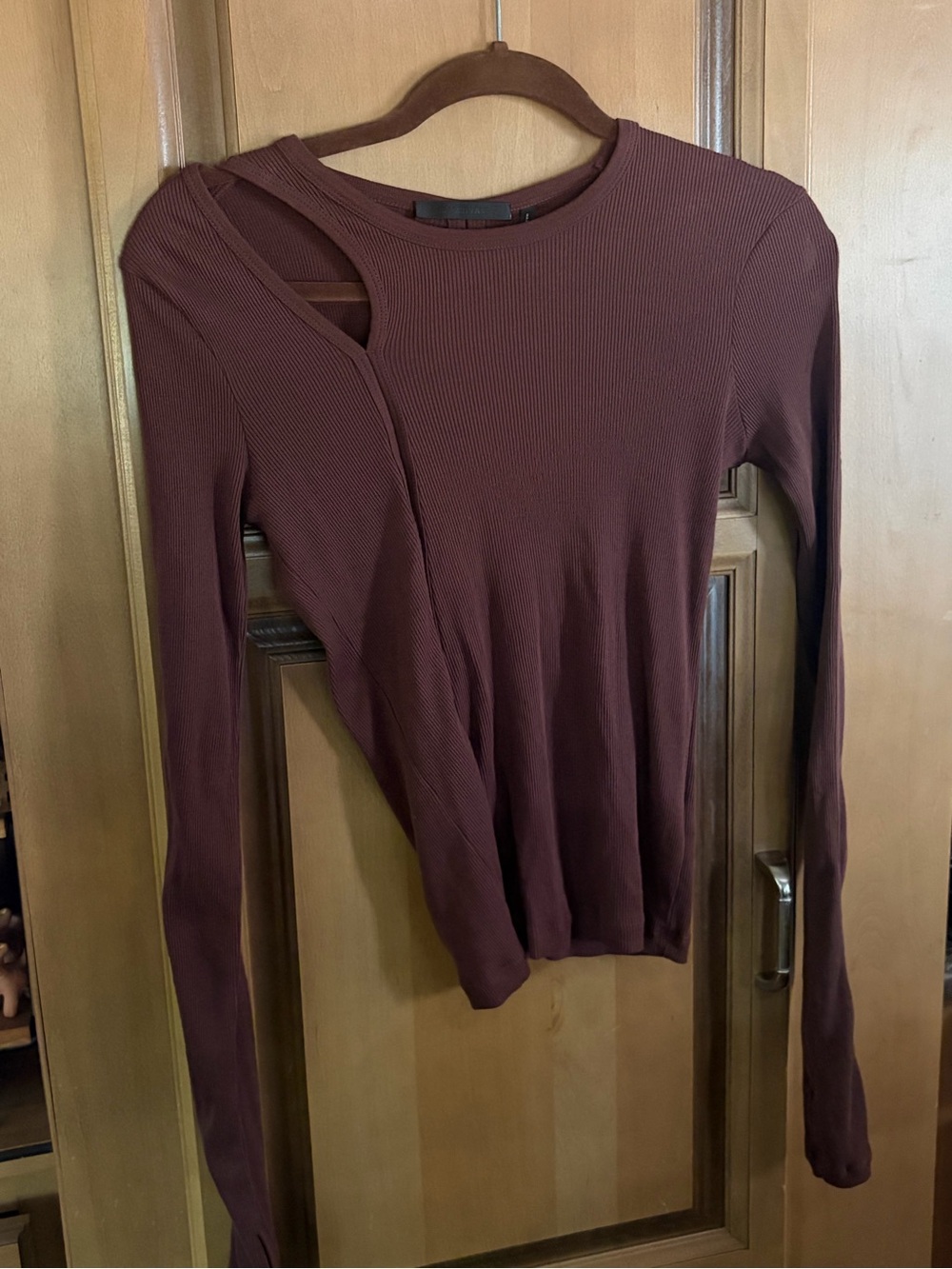 Helmut Lang Brown Ribbed Long-Sleeve Top with Shoulder Cutout